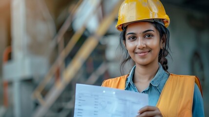 Aufkleber - Asian woman engineer holding document smiling at construction site Confident female Indian wearing protective helmet and vest working in factory making precast concrete wall for real e : Generative AI