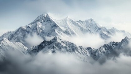 Wall Mural - Snow-Capped Mountain Peaks Amidst Misty Clouds in Majestic Alpine Landscape