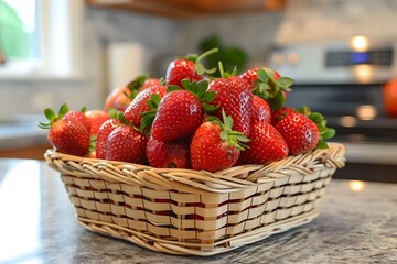 Wall Mural - Fresh and Juicy Strawberries in a Woven Basket