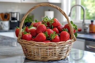 Wall Mural - Freshly Picked Strawberries in a Woven Basket on a Kitchen Counter