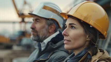 Poster - Engineer and female foreman worker team checking project at precast factory site Engineer and builders in hardhats discussing on construction site : Generative AI