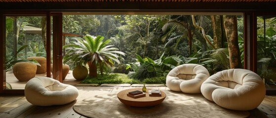 Cozy living room with bean bags overlooking a lush green garden through large windows, blending indoor comfort with outdoor nature.