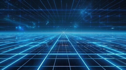 Poster - A dark blue background with a grid of glowing, neon blue lines, creating a futuristic and high-tech look. This striking design is perfect for sci-fi or tech-related themes.