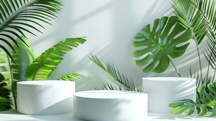 Aufkleber - Creative concept of minimalism with leaf and plaster podium Blank space on white podiums for presentation product and green leaves on a white background Summer theme Scene for advertis : Generative AI