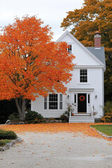 white New England home with an autumn maple tree in front, real estate