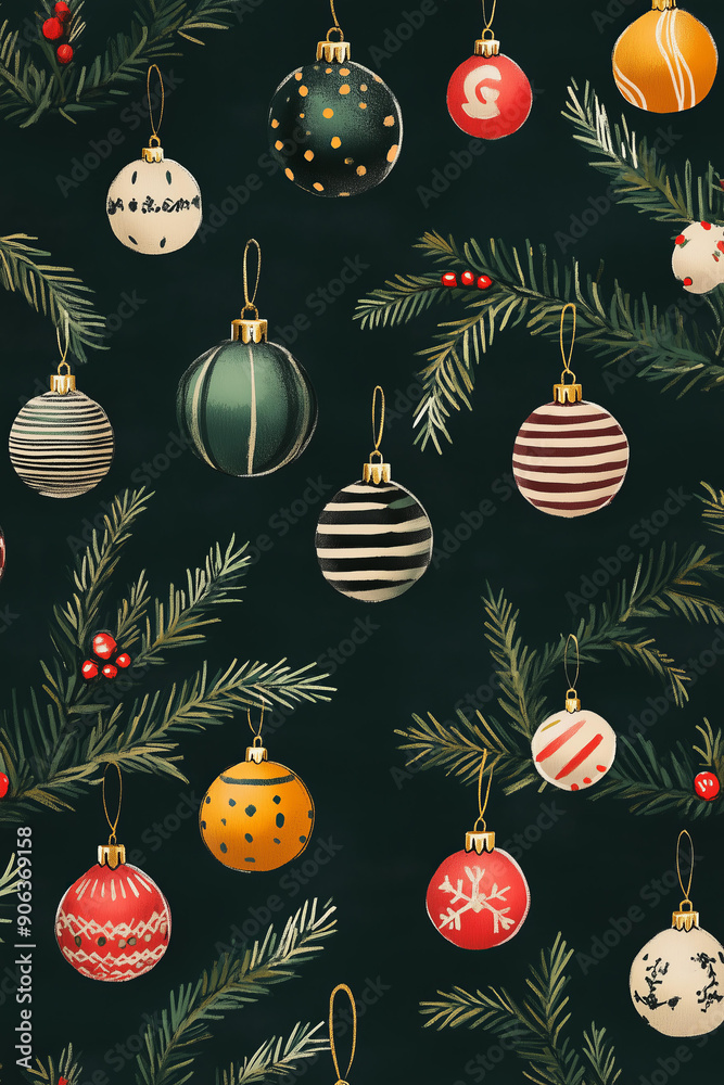 pattern of Christmas tree baubles and fir branches in various sizes and ...