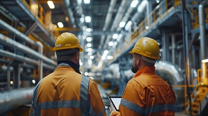 Poster - Heavyduty industrial engineers stand in a pipeline manufacturing facility using digital tablet computers for the construction of products to transport oil gas and fuel : Generative AI