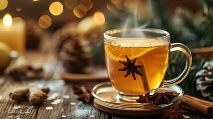 Aufkleber - Winter hot healing tea with ginger honey lemon and spices in glass cup with steam rustic wooden background Christmas table settings : Generative AI