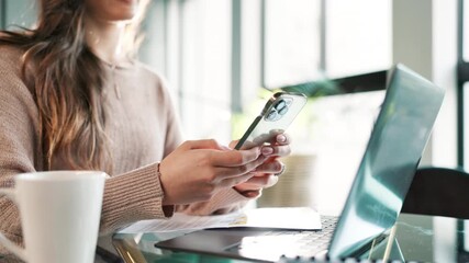 Aufkleber - Hands typing, phone and woman on laptop in home office for remote work, email or research with document. Mobile, computer or freelance virtual assistant on table for planning business schedule online