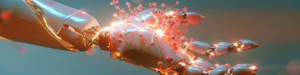 Poster - Cyborg hand holding a cluster of neurons 3D illustration