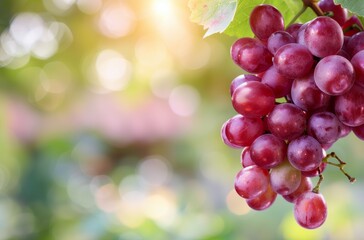 Wall Mural - Bunch of Ripe Red Grapes Hanging From a Vine in Sunny Vineyard