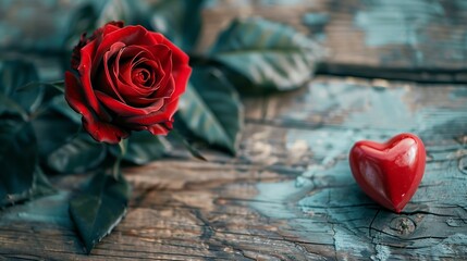 Canvas Print - Valentine day composition with rose flower and red heart on table Top view flat lay copy space Holiday concept : Generative AI