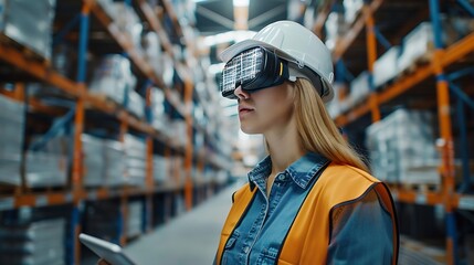 Poster - Industry 40 Modern Warehouse Female Engineer in Empty Warehouse Uses Digital Tablet Computer with Augmented Reality Software for Future Factory or Warehouse Layout Concept Shot of Augm : Generative AI