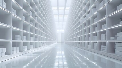 Aufkleber - Rows of shelves with boxes in the factory warehouse A perfectly white clean warehouse Smooth boxes Sample Structured warehouse : Generative AI