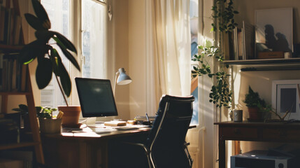 Sticker - A sunlit study with a desk, computer, books, and plants, exudes warmth and productivity, encouraging focused work in a cozy environment.