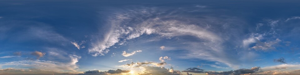 Wall Mural - 360 hdri sky before sunset with beautiful awesome clouds. seamless panorama with zenith for use in 3