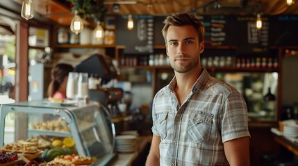 Poster - Weve got all your favourite toppings Shot of a handsome young man standing alone inside his restaurant during the day : Generative AI