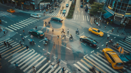 Wall Mural - An aerial view of a bustling city intersection filled with pedestrians and vehicles, capturing the energy and dynamism of urban life at dusk.