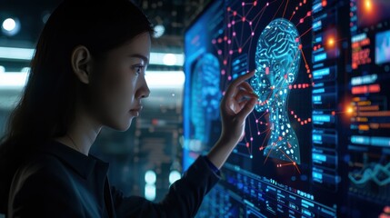 ai artificial intelligence. business woman using ai technology for data analysis, coding computer la