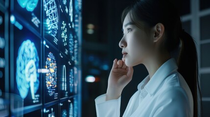 ai artificial intelligence. business woman using ai technology for data analysis, coding computer la