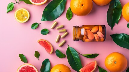 Poster - Citrus fruit and fresh leaves spreading out of pill bottle on pastel pink background Creative supplementary health food nutrition Boost immune system with vitamin tablets Flat lay copy : Generative AI