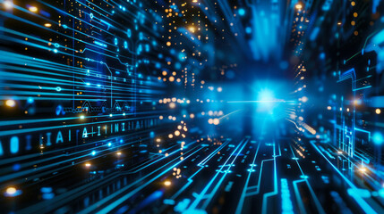 Poster - A computer network with a blue background and a blue light in the middle