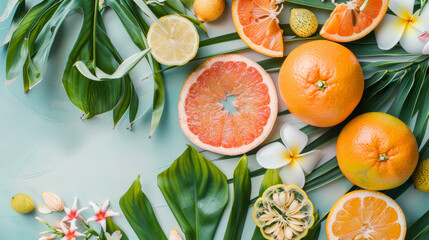 Poster - A vibrant flat lay of juicy citrus fruits and tropical leaves, capturing the essence of summer with a mix of grapefruits, oranges, and exotic flowers on a pastel background.