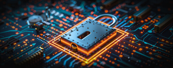 Poster - A computer chip with a lock on it. The chip is surrounded by a black background