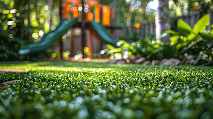 green lawn field backyard playground nature garden outdoor space for children background : Generative AI