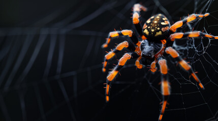 Macro shot of a brightly colored spider on its web, showcasing intricate web patterns and the spider's vivid black and orange body details.