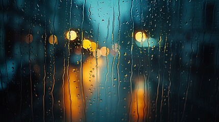 Poster - Rain drops on window glass close up background texture View on rainy street town from home : Generative AI