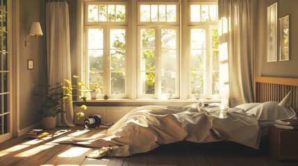 Sticker - A tranquil bedroom scene with sunlight streaming in from large windows, rustic decor and a cozy bed inviting relaxation.