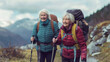 © VK Studio - Two elderly women hike joyfully through a mountainous landscape, equipped with hiking poles and backpacks, embodying the spirit of adventure and friendship.