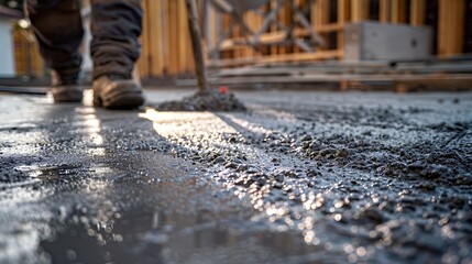 Poster - Man working on smoothing concrete driveway for the new home build at construction site Architecture and exterior structure base progress safety foundation pavement ground Real estate i : Generative AI