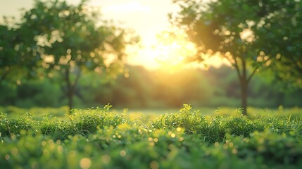 Poster - Blurred photogreen tree background View of the wild grass lawn Light sky : Generative AI