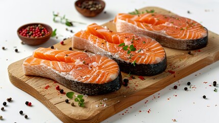 Poster - Wooden board with raw salmon steaks and different spices on white background : Generative AI