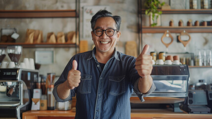 Wall Mural - Middle-aged barista in a cozy café, with glasses on, giving an enthusiastic thumbs up and smiling, reflecting the friendly, welcoming atmosphere.