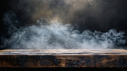 Aufkleber - On a black background an empty wooden table with smoke floats up Empty space for displaying your products with a smoke float up on a dark background Space available for displaying your : Generative AI