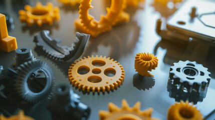 Sticker - Close-up view of yellow and gray gears scattered across a reflective surface, showcasing mechanical intricacies and industrial design.