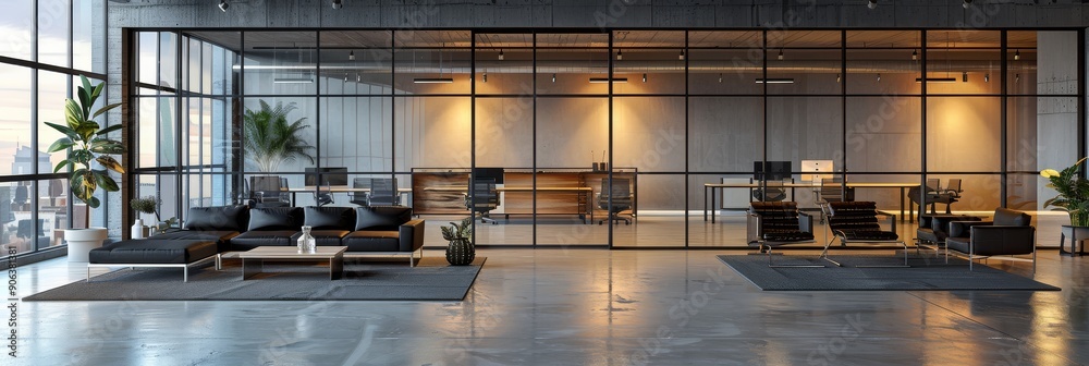Modern office interior with glass walls, black leather sofas, and ...