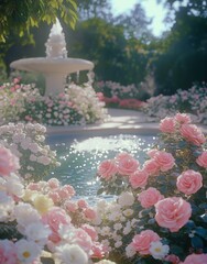 Wall Mural - Pink_and_white_marble_fountain_surrounded_by_pink_rose