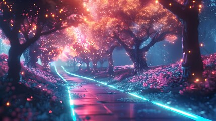 Poster - Cybernetic Landscape with Glowing Trees and Neon Pathways Blending Nature and Digital Technology