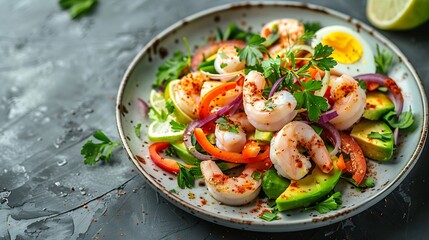 Poster - Healthy salad with squid and avocado on white plate with harsh shadows Calamari salad with vegetables and eggs on white background with shadows of leaves Summer food menu : Generative AI
