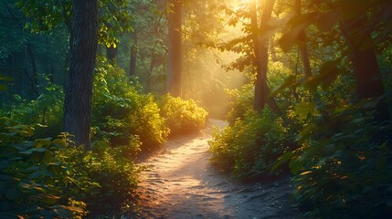 Poster - Enchanting Forest Path Illuminated by Morning Light Inviting and New Beginnings