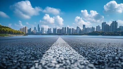 Aufkleber - Asphalt road platform and lake with city skyline background : Generative AI