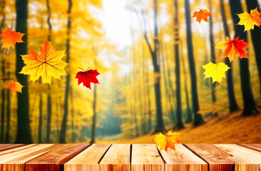 Autumn sunny background. Empty rustic wooden table against colorful autumn forest with falling leaves