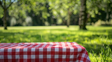 Poster - Red checkered tablecloth on grassempty space blank Food design advertisement template Picnic place Checked cloth Napking laying outdoor : Generative AI