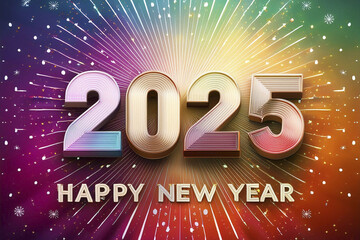 2025. Happy New Year 2025. Sparkling New Year. 2025 balloons. Wooden block with change from 2024 to 2025. Heading to a new year. Background design and congratulations. Design with fireworks. Space.