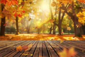 Poster - A serene autumn scene with falling leaves in a sunlit park, surrounded by vibrant colors of fall foliage.