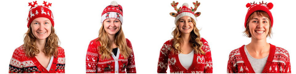 Wall Mural - Four women are wearing red sweaters and hats, all smiling